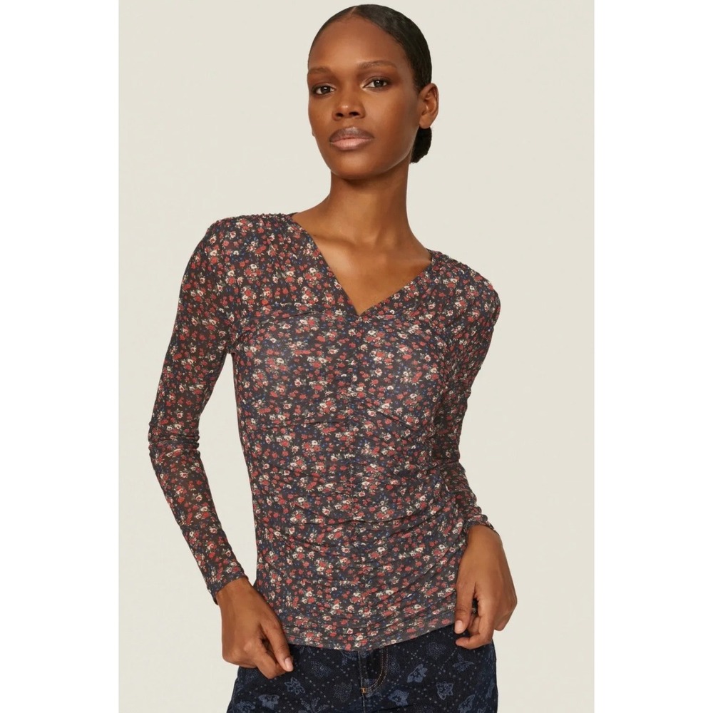 Sandro Bethanie Floral Long Sleeve Top Mesh Black Red‎ Size 4